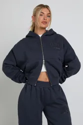 Womens Towelling Applique Zip Through Hoodie - Blue Cotton - Size X-Small