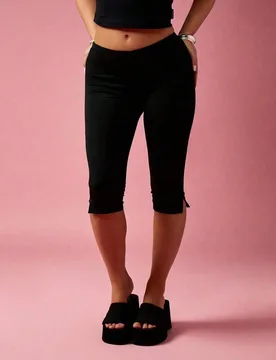 Leggings Capri Negros de Cintura Alta con Abertura para Mujer - Pantalones Capri Casuales de Nylon Elástico para el Verano L - Shein - FashionsVida