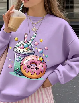 Pieza Sudadera de manga larga con estampado de donas y té de burbujas lindo para niñas, de tela suave, adecuada para uso casual en primavera y otoñ - Shein - FashionsVida