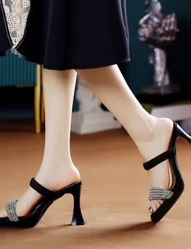 Women's Slippers French Style Temperament High-heeleded Sandals Luxury Rhinestone One-word High-heeled Slippers Sandalias Mujer - Aliexpress - FashionsVida