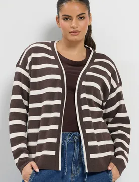 Women's Stripe Cardigan Sweater in Chocolate Size: 22-24 - Chocolate - Size: 22-24 - Yours - FashionsVida