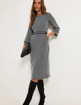 Womens Geo Ponte Belted Piping Detail Midi Dress - Black Viscose - Size 16 Uk - Wallis - FashionsVida