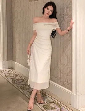 Vestido de fiesta elegante de estilo coreano con hombros descubiertos, vestido largo midi, vestido maxi, vestido de verano para mujer pequeña Petite - Shein - FashionsVida