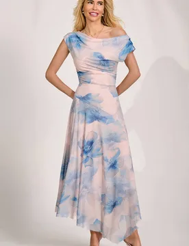 Women's Asymmetric Draped Mesh Maxi Dress in Pale Pink Size: 14 - Pale Pink - Size: 14 - Jolie Moi - FashionsVida
