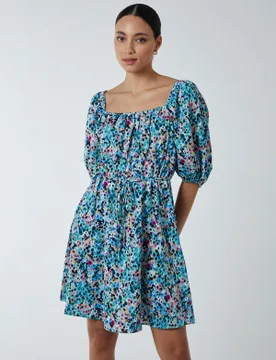 Square Neck Milkmaid Puff Sleeve Mini Dress - 8 / Turquoise - female - Blue Vanilla - FashionsVida