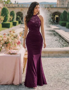 Vestido largo de fiesta formal con cuello halter, lentejuelas, encaje floral, cintura fruncida y bajo de sirena, elegante vestido de noche de verano X - Shein - FashionsVida
