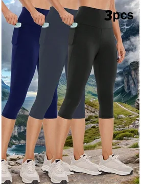 Paquetes - Pantalones de yoga de cintura alta para mujer con bolsillos, mallas de control de abdomen, pantalones capri elásticos y suaves, adecuados - Shein - FashionsVida