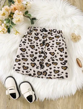 Falda de pana con estampado de leopardo y corazón color albaricoque para niñas jóvenes, falda acanalada con botones delanteros y corte en A para ot - Shein - FashionsVida