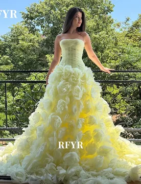 RFYR Yellow Princess Dress with 3D Flowers Strapless Prom Dress A Line Evening Dress for Women Robes De Soirée Customized - Aliexpress - FashionsVida