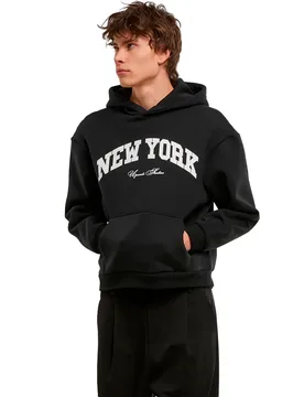 Felpa Con Cappuccio New York Collage Fluffy Black S - Mister TEE - FashionsVida