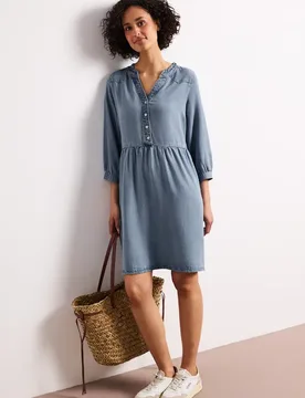 Knielanges Kleid mit Rüschen im Denim-Look female Blau - Street One - FashionsVida