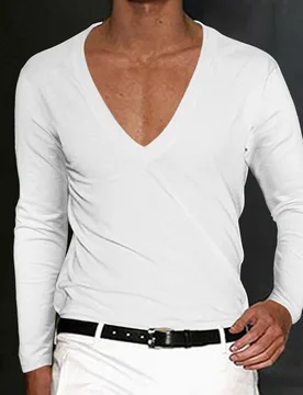 Fashion Men's Slim Fit Deep V-Neck Long Sleeve T-Shirt Tees Tops Autumn Spring Basic Undershirt Solid Color T Shirt Man Clothing - Aliexpress - FashionsVida