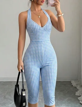 Mono de mujer con cuello halter y lazo, estampado de lunares, ajuste ceñido moldeador, cómodo y casual, sexy para exteriores y desplazamientos, apto - Shein - FashionsVida