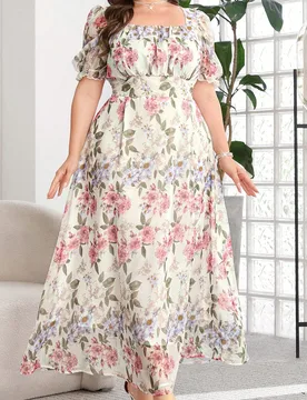 Vestido elegante de talla grande con estampado floral, mangas abullonadas y cintura ceñida, para verano, fiesta de té, vacaciones, formal, invitada - Shein - FashionsVida