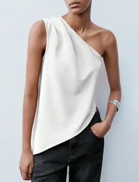 Blusa casual de verano para mujer, de unicolor blanco con corte asimétrico y pliegues sin mangas, adecuada para uso en la oficina y casual. Ideal par - Shein - FashionsVida