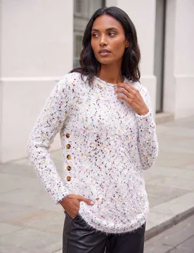 Textured Button Detail Curved Hem Jumper Ivory Mix female - Roman - FashionsVida
