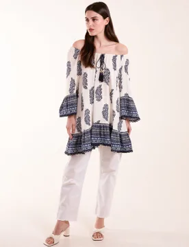 Womens Mix Print Bardot Blouse With Tassel - Size Medium/large - Blue Vanilla - FashionsVida