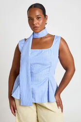 Womens Plus Stripe Strappy Peplum Top With Detachable Scarf - Blue - Size 16 Uk