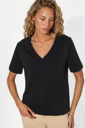 Womens V-Neck Solid Regular Fit Cotton T-Shirt - Black - Size Medium