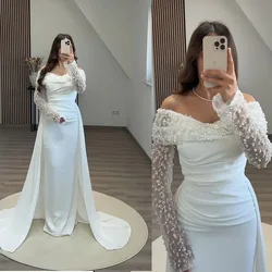 Customized Radiant Square Collar Satin Long Sleeve Party Evening Dresses Beaded Backless Sheath Detachable Train Arab Prom Gown