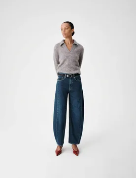 Mid Rise Distressed Barrel Leg Jeans Dark Indigo female - M&S - FashionsVida