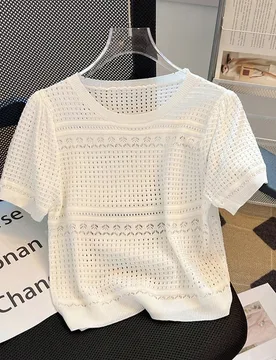 Camiseta de malla calada, cuello redondo, ajuste ceñido, unicolor, corta, pullover, estilo minimalista de moda, top de punto para otoño y verano bla - Shein - FashionsVida