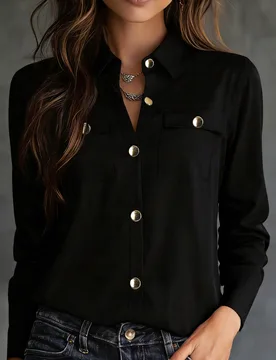 Nueva llegada Camisa de manga larga con botones y bolsillos falsos para mujer de moda para todas las estaciones en color negro XL - Shein - FashionsVida