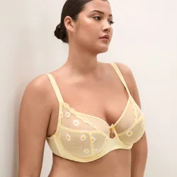 Sujetador de lencería de talla grande con bordado de margaritas, elegante, para lounge, de cobertura completa, transpirable, sin forro, de encaje flo