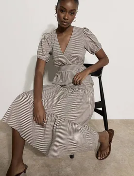 Women's Stripe Wrap Midaxi Dress in Brown Size: 16 - Brown - Size: 16 - Apricot - FashionsVida