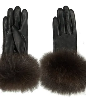 Guantes de cuero en color con puños en pelo de zorro marrón - Maximilian - FashionsVida