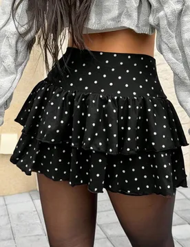 Falda casual de mujer con estampado de lunares, dobladillo con volantes y corte en A, linda falda para fiestas para mujeres, lunares en blanco y negro - Shein - FashionsVida