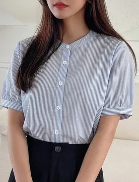 Camisa de mujer de manga corta a rayas, casual de verano para negocios S - Shein - FashionsVida