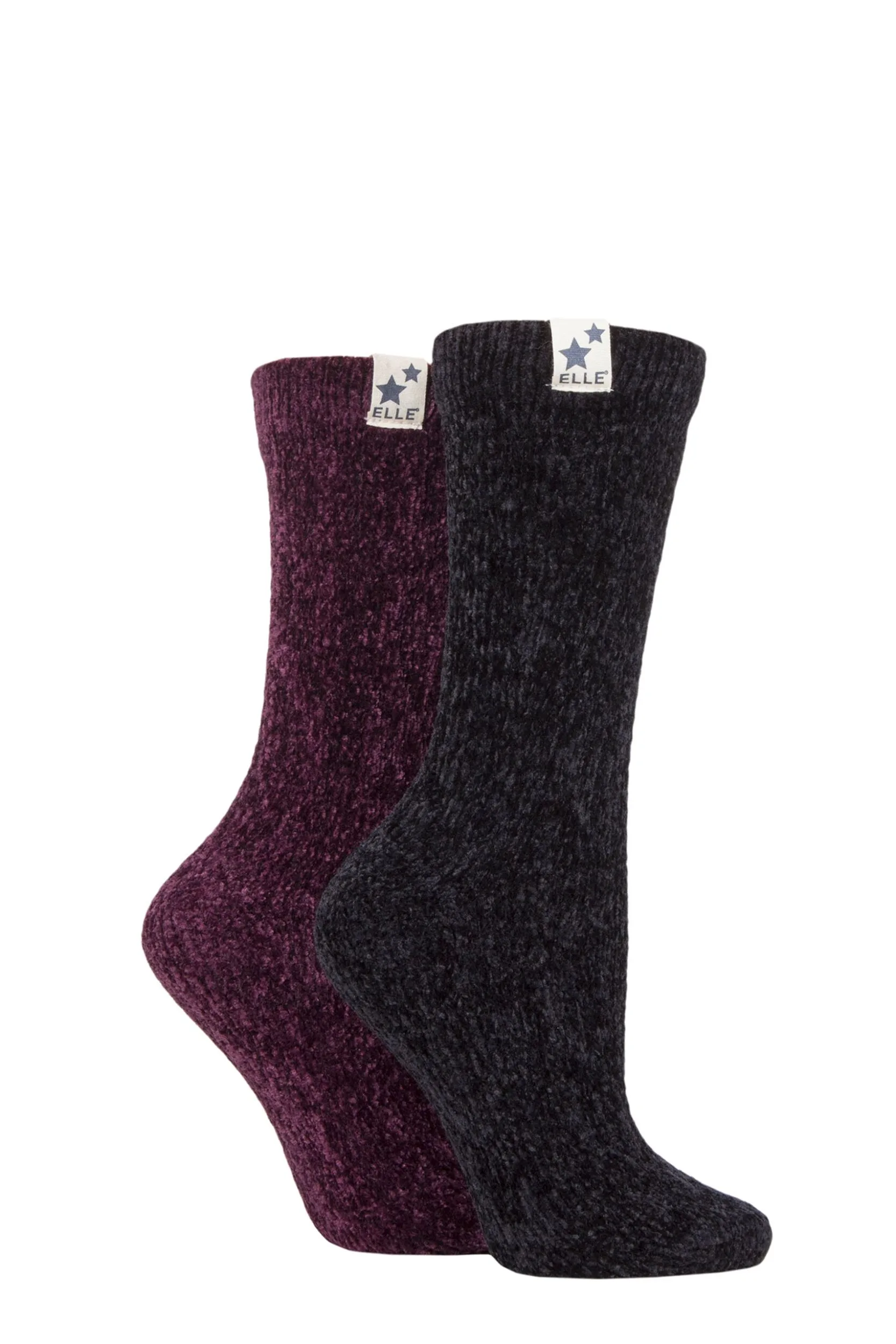 Women's 2 Pair Cable Knit Chenille Boot Socks Black / Damson 4-8 Ladies - Black - Size: Small - ELLE - FashionsVida