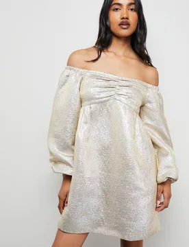Women's Metallic Jacquard Bardot Balloon Sleeve Mini Dress Size: 12 - Multicolor - Size: 12 - Warehouse - FashionsVida