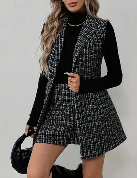 Conjunto elegante de 2 piezas de chaqueta sin mangas a cuadros y falda midi para mujer, otoño/invierno L - Shein - FashionsVida