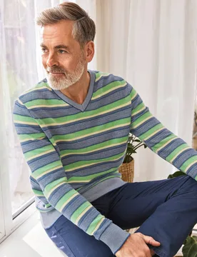 Baumwoll-Pullover Pima Cotton - Marine gestr. - male - Size: 58/60 - Avena - FashionsVida