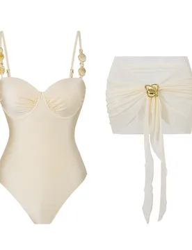 Conjunto de traje de baño de 3 piezas para mujer Swim Oasis de unicolor beige con tirantes de espagueti, sujetador con aros, tiras ajustables, volant - Shein - FashionsVida