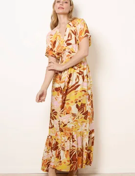 Women's Shirred Waist Multi Short Sleeve Slip On V-neck Maxi Dress Size: Medium/Large - Multicolor - Size: M/L - Blue Vanilla - FashionsVida