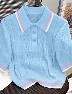 Top de punto de cuello polo con diseño hueco, estilo universitario casual y versátil M - Shein - FashionsVida