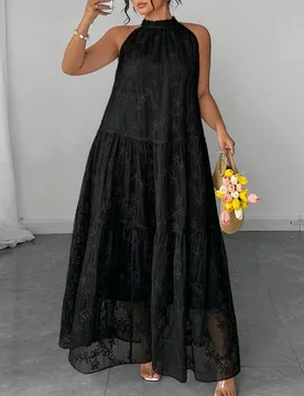 Vestido largo fluido de talla grande para mujer con cuello halter, sin mangas, cuello alto, tul transparente y encaje floral en capas, vestido para cu - Shein - FashionsVida