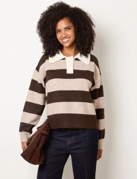 Stripe Knit Polo Jumper - M/L / CHOCOLATE - female - Blue Vanilla - FashionsVida