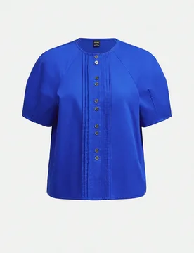 Camisa de mujer de tela de popelina nítida de alta gama, cómoda y amigable con la piel, con cuello de barco, manga raglán, manga de pétalo de long - Shein - FashionsVida