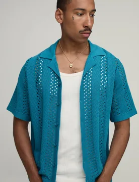 Herren Kastenförmiges Reguläres Strickhemd Mit Offenem Maschenmuster Teal Größe 2XL - boohooMAN - FashionsVida