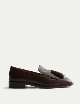 Leather Fringe Tassel Block Heel Loafers Brown female - Jaeger - FashionsVida