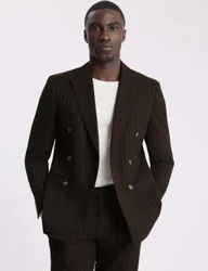 Slim Fit Striped Double Breasted Suit Jacket Brown Mix male