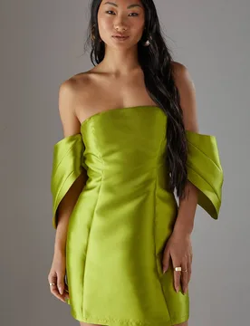 Women's Petite Structured Puff Sleeve Bardot Mini Dress in Chartreuse Size: 10 - Chartreuse - Size: 10 - Warehouse - FashionsVida