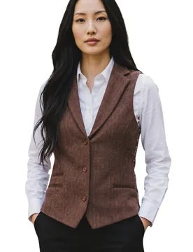 Womens Rust Brown Herringbone Wool Tweed Check Tailored Waistcoat - Ws-1 - Size X-Small - TruClothing - FashionsVida