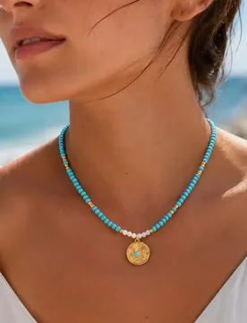 Handmade Natural Turquoise Beads Necklace for Women Stainless Steel Gold Color Round Pendant Adjustable Jewelry Summer Gift - Aliexpress - FashionsVida