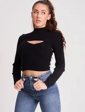Women's Fine Gauge 2in1 Jumper in Black Size: 12 - Black - Size: 12 - Urban Bliss - FashionsVida
