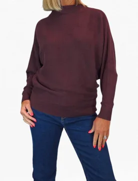 Women's Ribbed Turtle Neck Batwing Jumper in Burgundy Size: 6 - Burgundy - Size: 6 - Paulo Due - FashionsVida